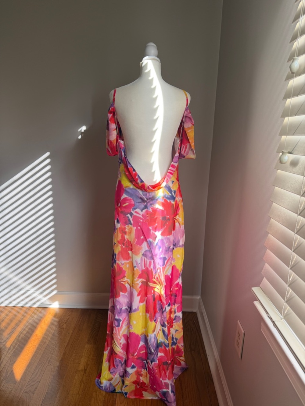 NWT Floral Cold-Shoulder Backless Maxi Dress in Pink & Yellow